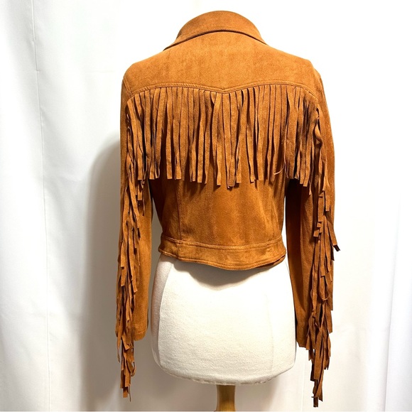 FAUX SUEDE FRINGE ASYMMETRICAL MOTO JACKET IN COGNAC BROWNISH-ORANGE Sz. LG/XL - Picture 3 of 12